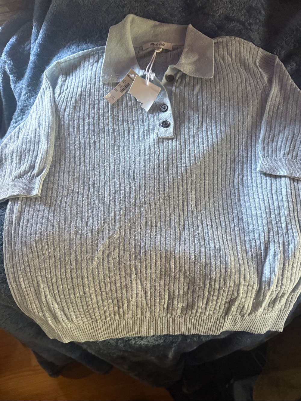 Madewell Light Blue Ribbed Short-Sleeve Polo Sweater